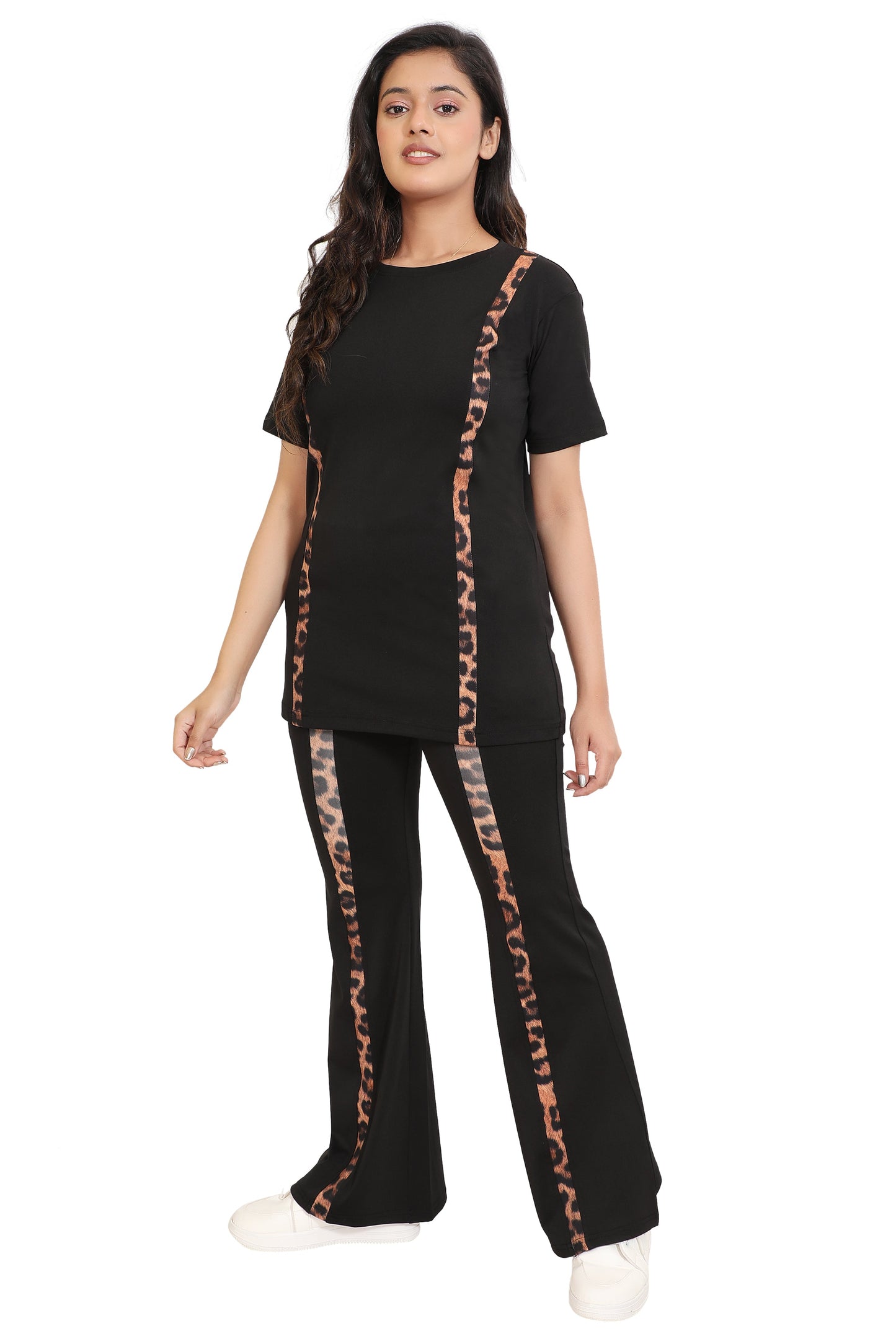 Women's Black Co-ord Set with Leopard Print Side Stripes