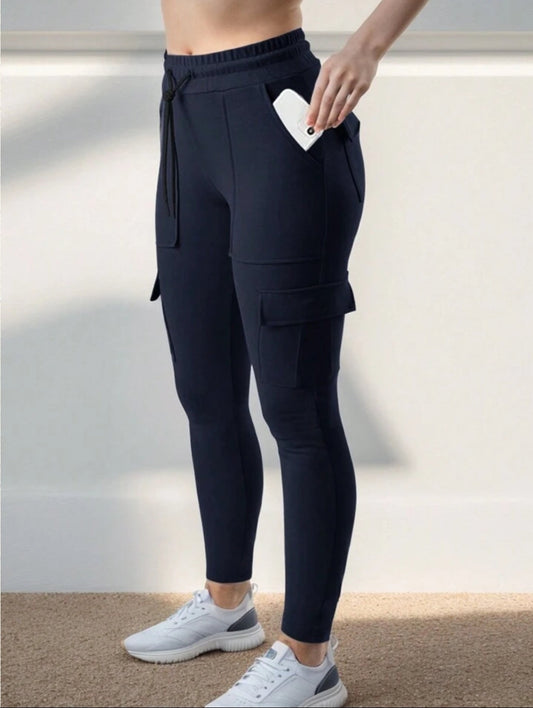 EZwear Plus Size Women Waistband Pocket Skinny Black Leggings, Casual