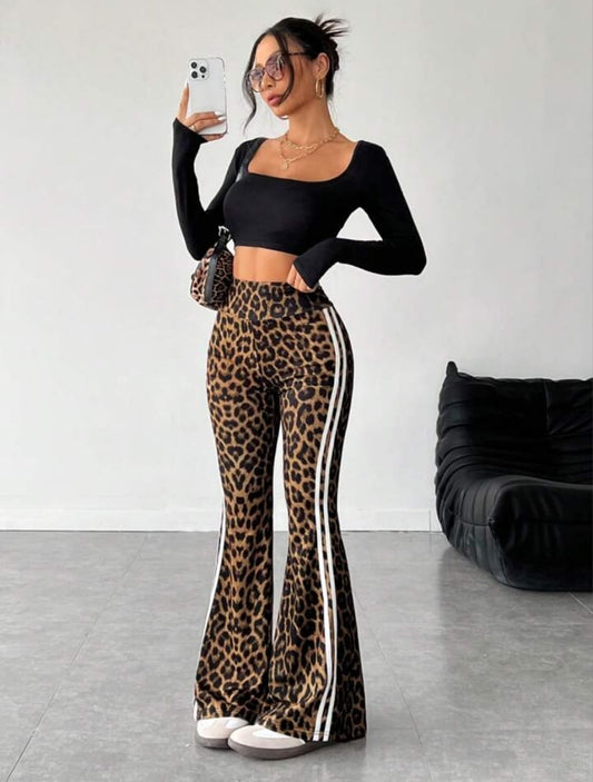 Women's High-Waisted Side Stripe & Leopard Print Flared Leg Pants
