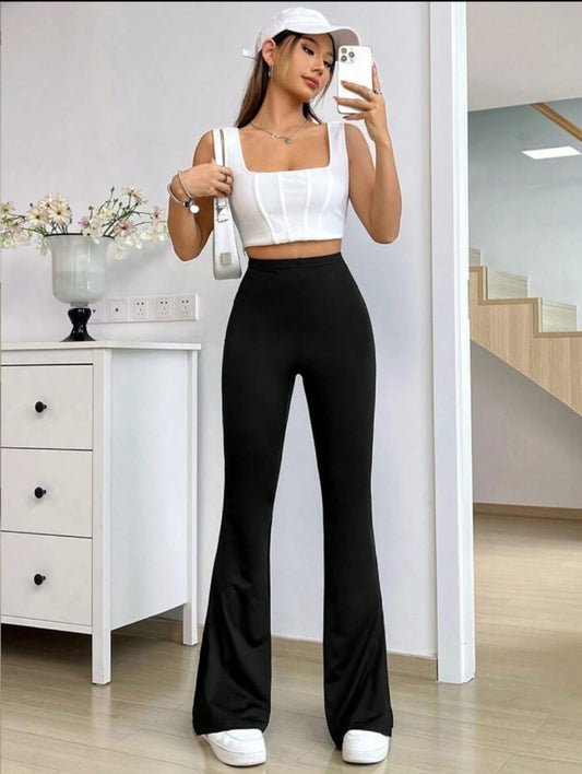 Solid Color Elastic High Waist Flared Black Yoga Sports Pants, Casual Wear Trousers, Women's Leggings, Women's Clothing Flare Leg Pant