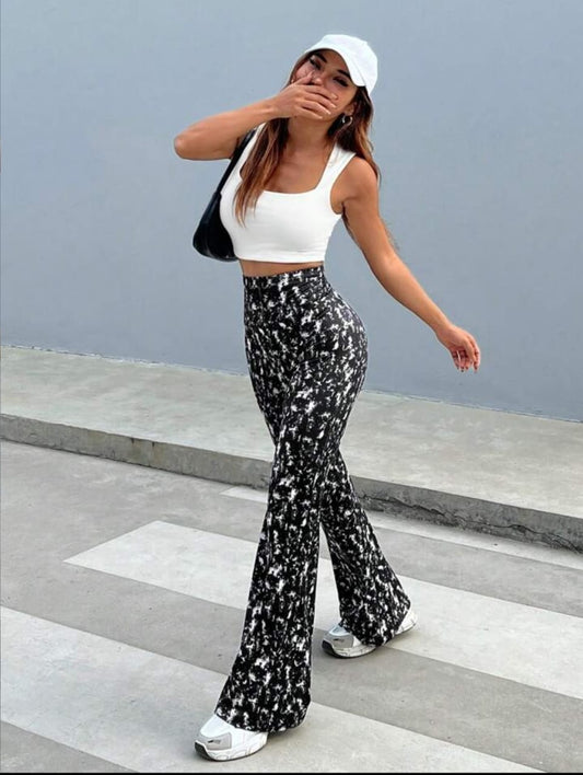 Women's Elegant Slim-Fit Black white Tie-Dye Flared Pants.