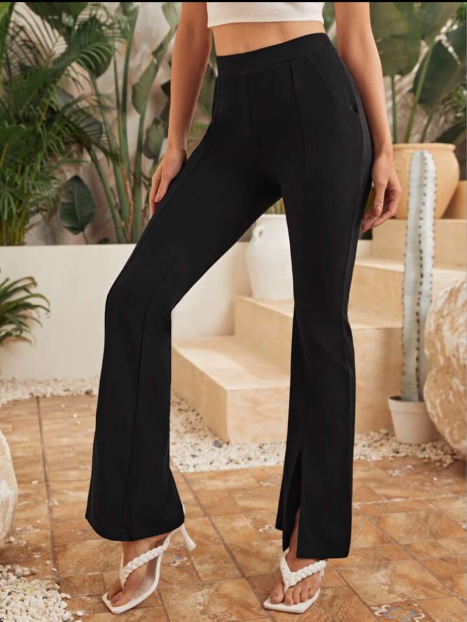 Front Slit Formal Cotton Blend Parallel Trouser Pants Regular fit, Bell Bottom Pants for Women || Flared Trousers & Formal Look.