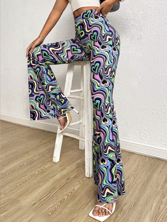Women's Pants Allover Heart & Marble Print Flare Leg Pants Women's Pants.