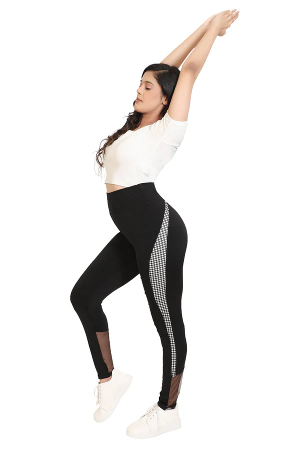 Women's High Waist Black Leggings with Side Houndstooth Panel & Mesh Detail