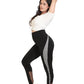 Women's High Waist Black Leggings with Side Houndstooth Panel & Mesh Detail
