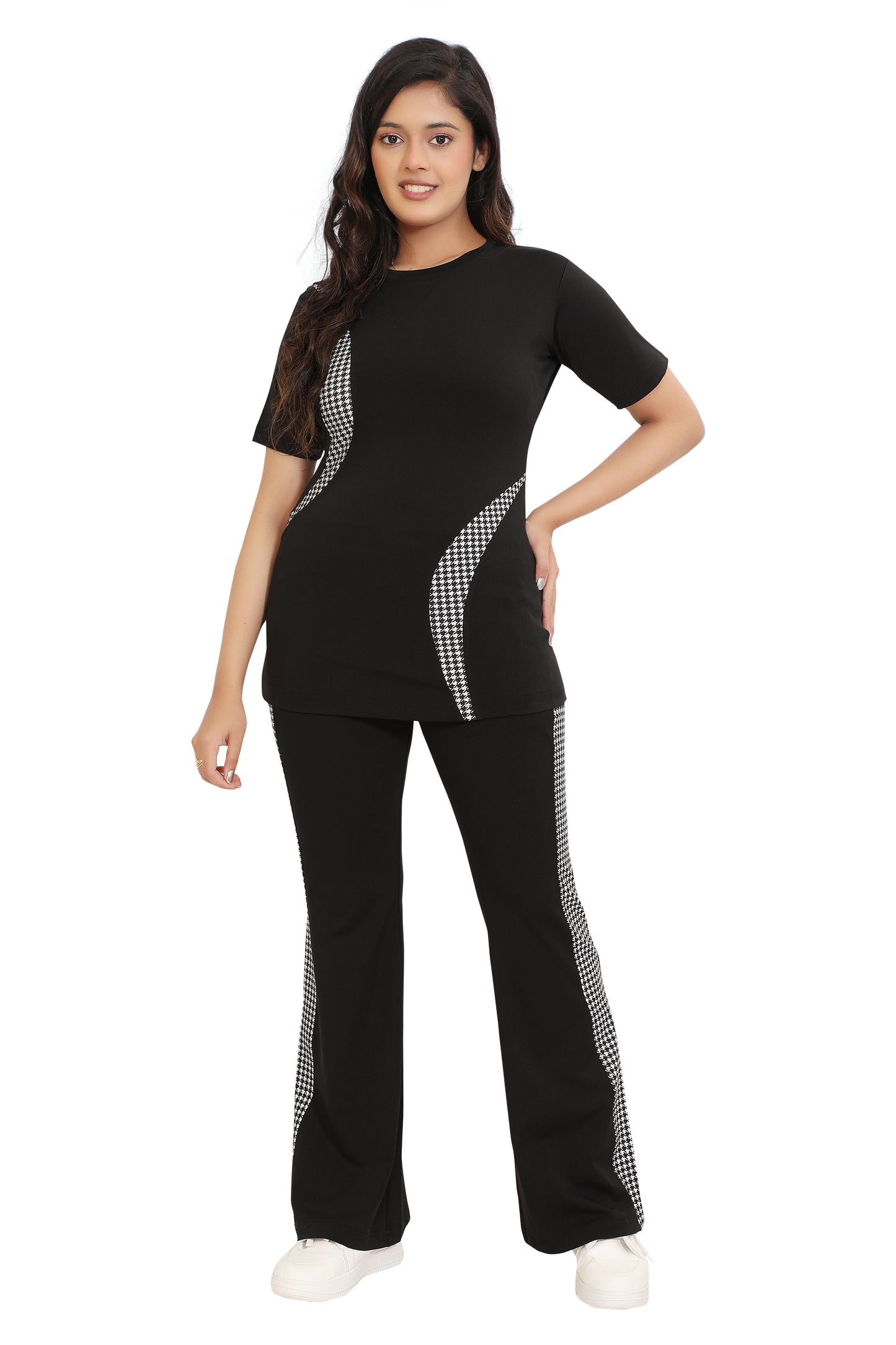 Black & White Houndstooth Panel Co-Ord Set for Women