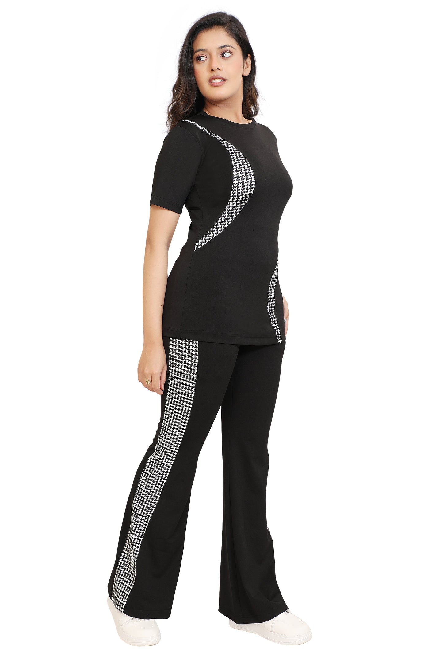 Black & White Houndstooth Panel Co-Ord Set for Women