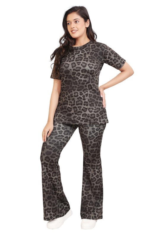 Women's Grey Leopard Print Co-Ord Set | Trendy Animal Print Top & Pants