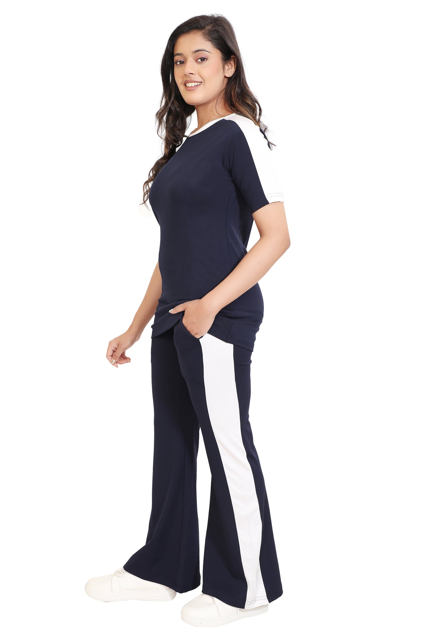 Navy Blue & White Side Panel Co-ord Set for Women