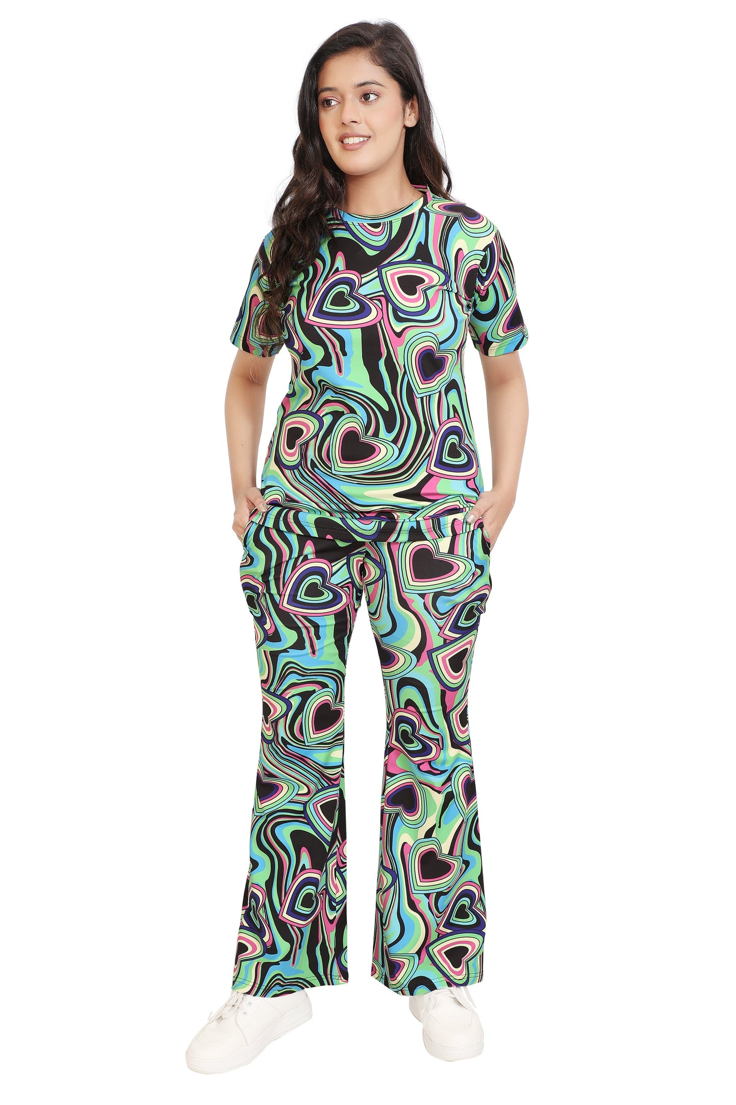 Retro Heart Swirl Co-Ord Set – Multicolor Psychedelic Print