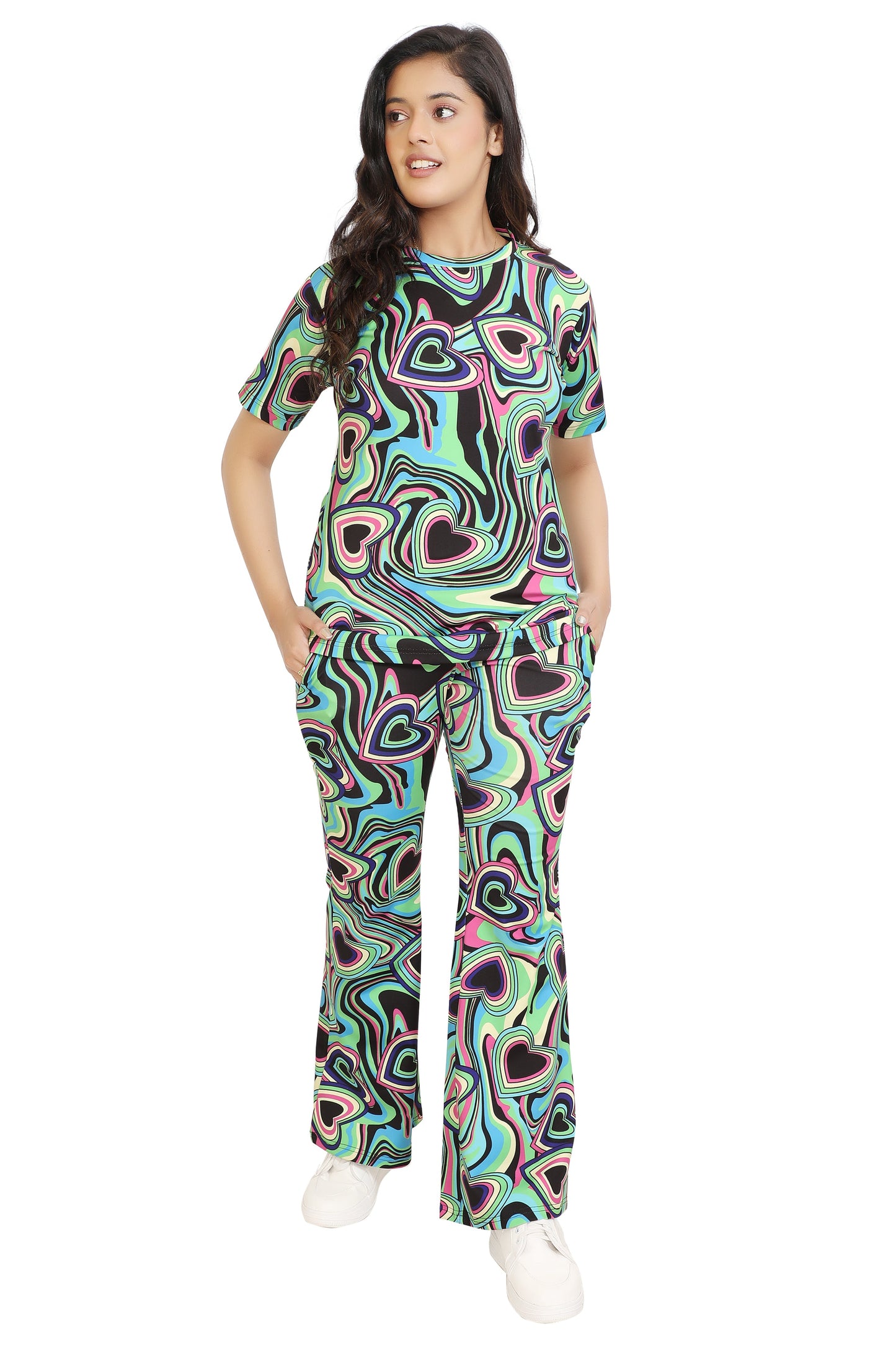 Retro Heart Swirl Co-Ord Set – Multicolor Psychedelic Print