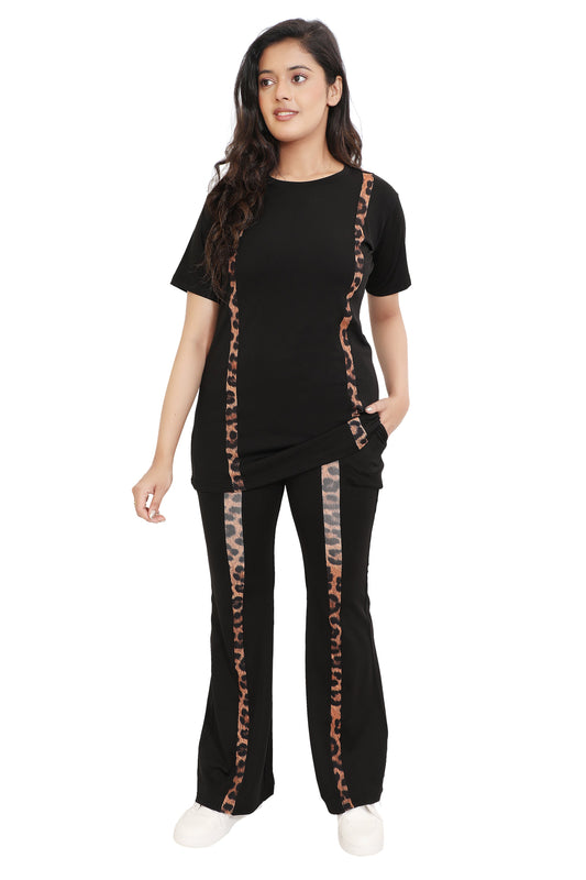 Women's Black Co-ord Set with Leopard Print Side Stripes