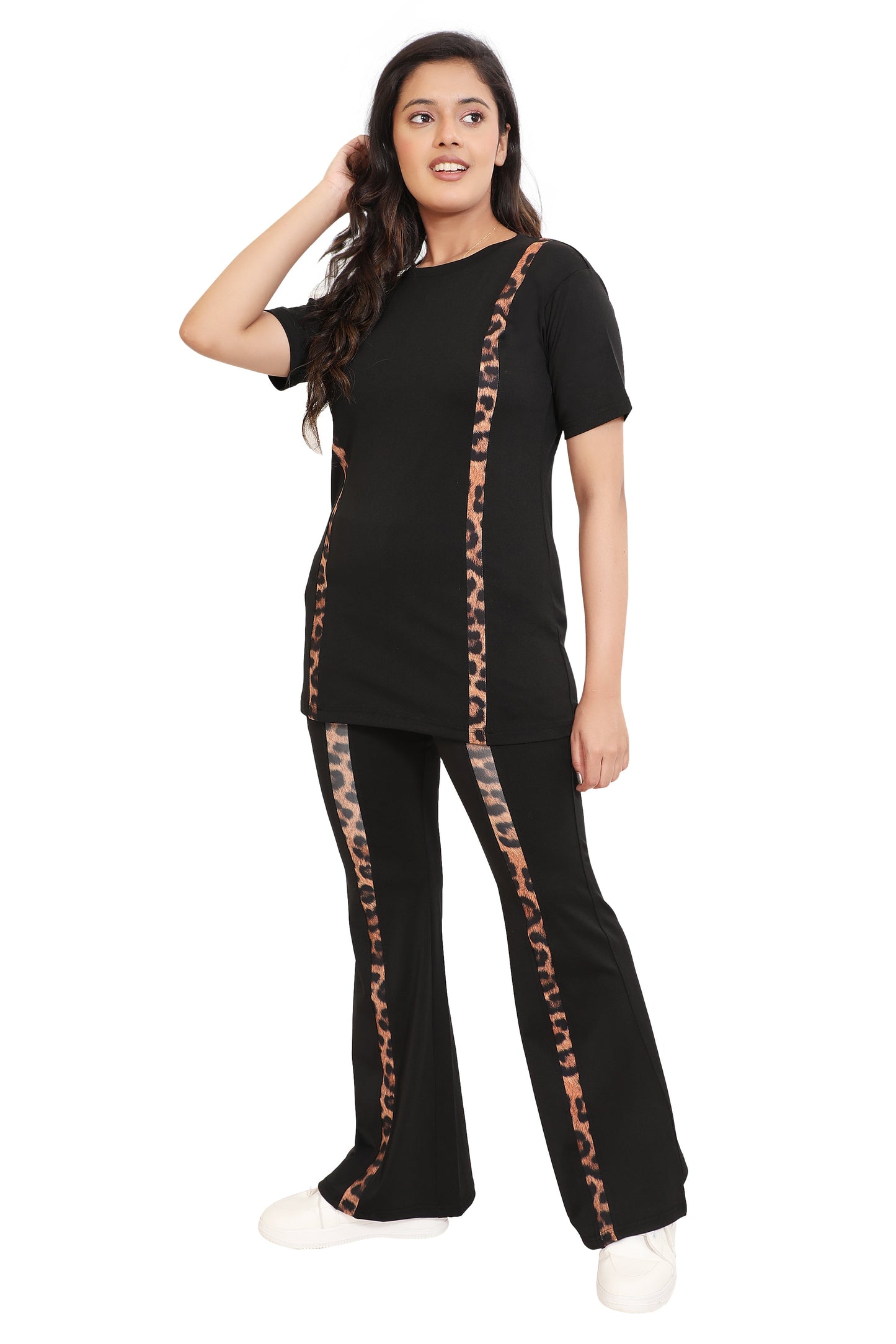 Women's Black Co-ord Set with Leopard Print Side Stripes