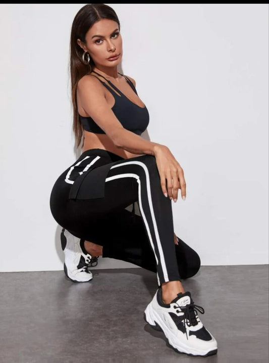 Black Cargo Track Pants with White Side Stripes and Utility Pocket