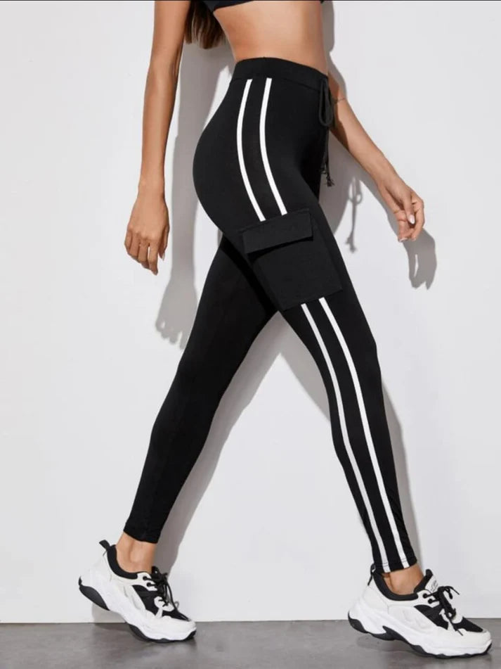 Black Cargo Track Pants with White Side Stripes and Utility Pocket
