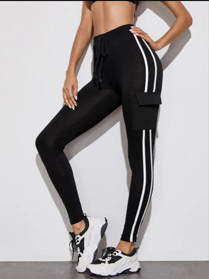 Black Cargo Track Pants with White Side Stripes and Utility Pocket