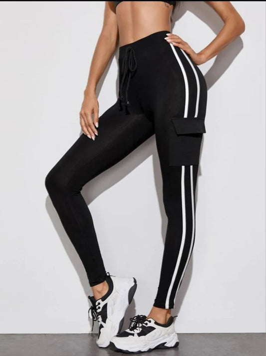 Black Cargo Track Pants with White Side Stripes and Utility Pocket
