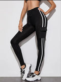 Black Cargo Track Pants with White Side Stripes and Utility Pocket
