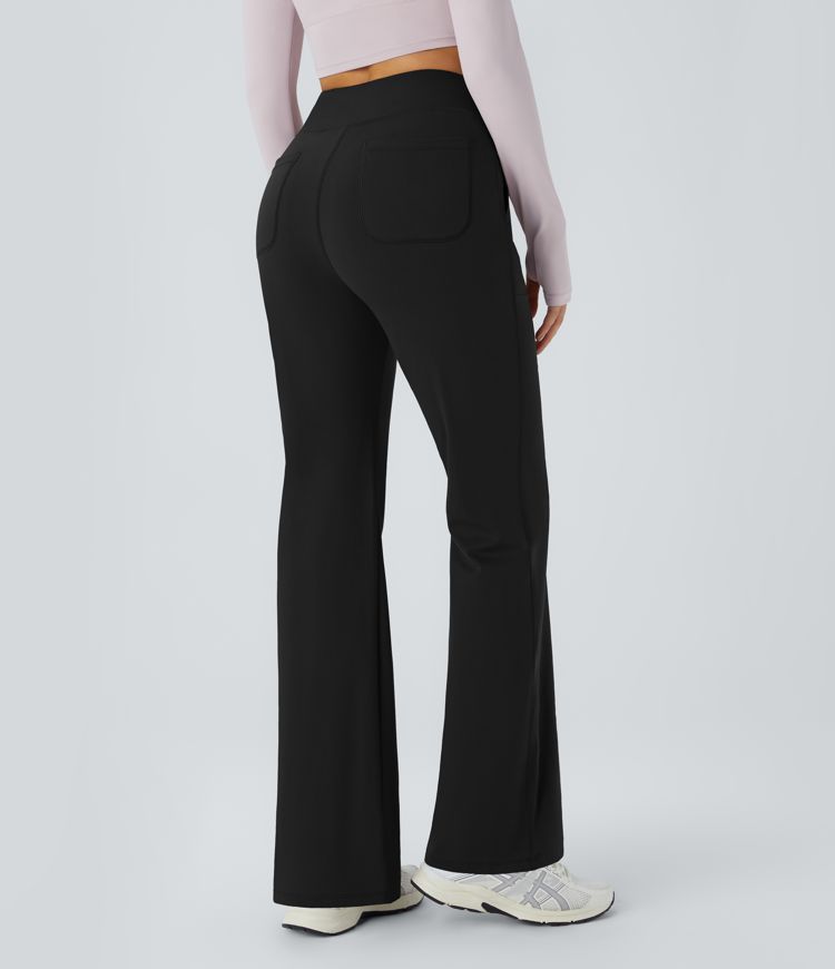 Women's Black Flared Pants With Front And Back Pockets.