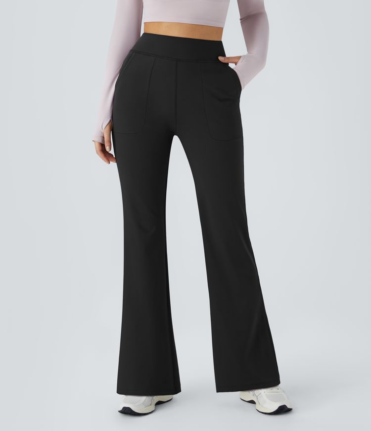 Women's Black Flared Pants With Front And Back Pockets.