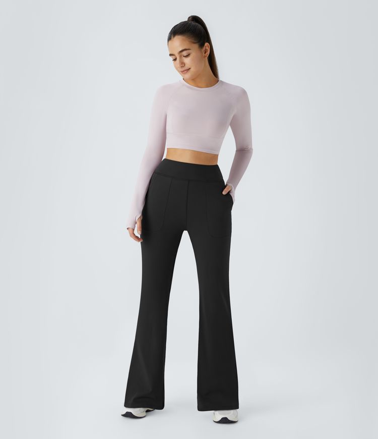 Women's Black Flared Pants With Front And Back Pockets.