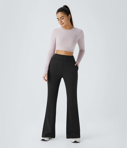 Women's Black Flared Pants With Front And Back Pockets.