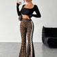 Women's High-Waisted Side Stripe & Leopard Print Flared Leg Pants