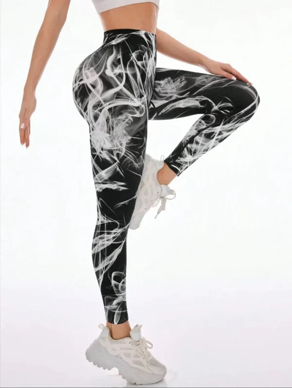 Women’s Yoga Pants Combo (Set of 2) – Black Striped & Smoke Print Leggings | High Waist Stretchable