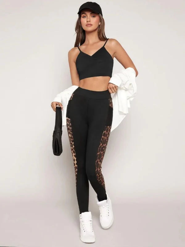 Women's Black Leopard Print Panel Leggings – High Waist Gym & Activewear