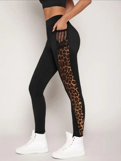 Women's Black Leopard Print Panel Leggings – High Waist Gym & Activewear
