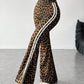 Women's High-Waisted Side Stripe & Leopard Print Flared Leg Pants