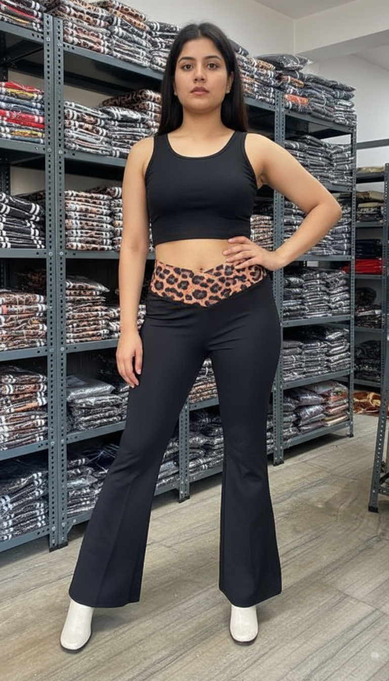 Trendy Black Flare Pants with Leopard Print Cross Waistband.