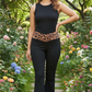 Trendy Black Flare Pants with Leopard Print Cross Waistband.